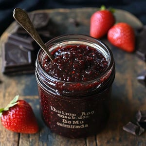 May include: A glass jar filled with dark red strawberry jam, with a silver spoon resting on the rim. The jar is labelled "Iholnur Ang Bock.das Bo Mu calmirada". There are fresh strawberries and pieces of dark chocolate on a wooden surface.