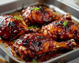 May include: Close-up of a baking sheet with four glazed chicken drumsticks. The chicken is coated in a dark, glossy sauce and garnished with fresh herbs. The drumsticks are golden brown and appear juicy.