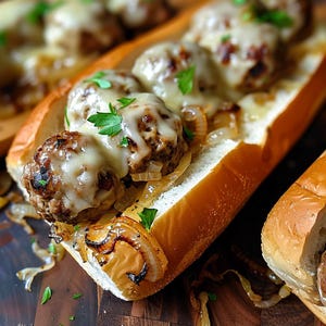 Receita de sanduíche de almôndegas com cebola francesa e queijo – Delícia de sanduíche saborosa – Download instantâneo