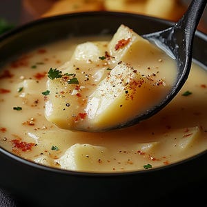 Può includere: Un primo piano di una ciotola di zuppa di patate cremosa con pezzi di patate e spezie. Un mestolo nero sta prelevando una porzione di zuppa.