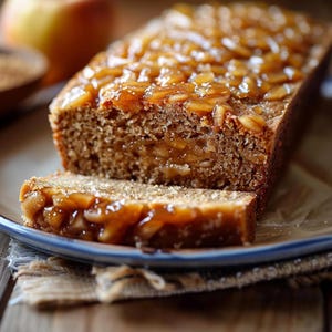 Op de afbeelding: Een gesneden appelbrood met een glanzende, gekarameliseerde appeltopping. Het brood wordt gepresenteerd op een bord met blauwe rand, wat wijst op een zelfgemaakte, rustieke stijl. De snee onthult een vochtig interieur.