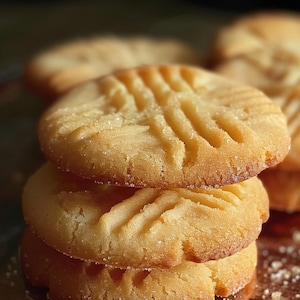 Puede incluir: Primer plano de una pila de tres galletas doradas de mantequilla de cacahuete. Cada galleta redonda tiene un patrón texturizado en la parte superior y una textura ligeramente desmenuzable. Los bordes están espolvoreados con azúcar. El fondo está borroso.