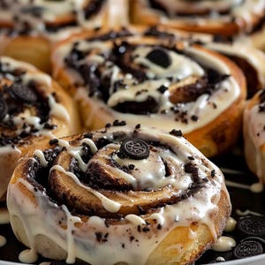 Puede incluir: Primer plano de varios rollos de canela cubiertos con glaseado blanco, migas de galletas de chocolate y mini galletas de chocolate. Los rollos tienen un diseño en espiral de color marrón claro.