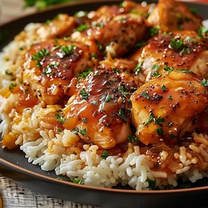 Może przedstawiać: Zbliżenie na talerz z kurczakiem i ryżem. Kurczak jest polany brązowym sosem i ozdobiony świeżą pietruszką. Ryż jest biały i puszysty.