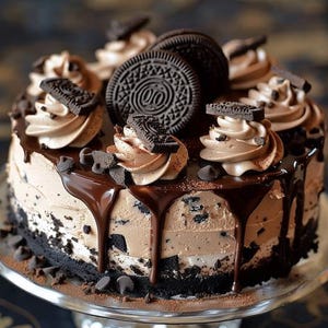 Può includere: Una torta al cioccolato con una base di briciole di biscotti, farcita con un ripieno di crema marrone chiaro e ricoperta di glassa al cioccolato, gocce di cioccolato e biscotti sandwich al cioccolato. La glassa cola lungo i lati.