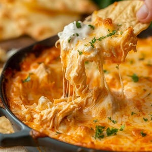 May include: A close-up shot of a warm, cheesy dip in a dark pan. A tortilla chip is held up, dripping with melted cheese and topped with a dollop of sour cream and fresh herbs. The dip has a creamy orange color, with visible pieces of chicken.