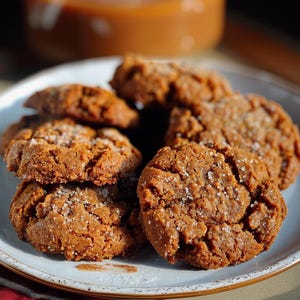 Può includere: Un piatto di biscotti rotondi e marroni appena sfornati con una superficie leggermente strutturata. I biscotti sono cosparsi di grossi cristalli di zucchero bianchi. Il piatto è azzurro con un sottile bordo marrone scuro. Uno sfondo sfocato mostra un bicchiere di liquido marrone.