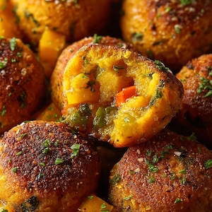 Pode incluir: Close-up de vários alimentos redondos castanhos dourados, possivelmente croquetes ou frituras, com um recheio visível de vegetais coloridos. A comida é guarnecida com ervas verdes frescas e servida com vegetais em cubos.
