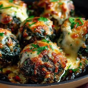 Almôndegas de espinafre e alho recheadas com mussarela – pedaços saborosos e com queijo