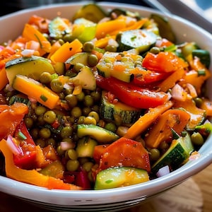 Può includere: Un'insalata colorata in una ciotola bianca. L'insalata contiene un mix di verdure fresche, tra cui piselli verdi, zucchine, peperoni arancioni e pomodori rossi. Gli ingredienti sono tagliati in varie forme e dimensioni, creando un piatto visivamente accattivante.