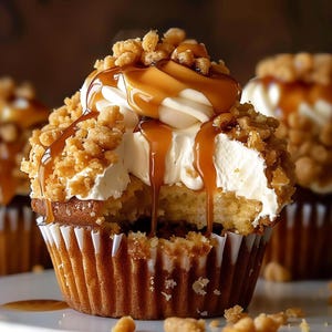 Op de afbeelding: Een close-up van een karamel cupcake met witte frosting en een knapperige topping. De cupcake is bedekt met een karamel drizzle en er is een hap uit genomen.