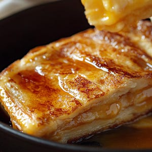 May include: Close-up of a golden brown French toast sandwich with a layer of melted caramel on top. The French toast is in a skillet and appears to be freshly made.