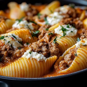 May include: A close-up of a dish of stuffed pasta shells with a creamy tomato sauce, topped with ricotta cheese and fresh parsley.