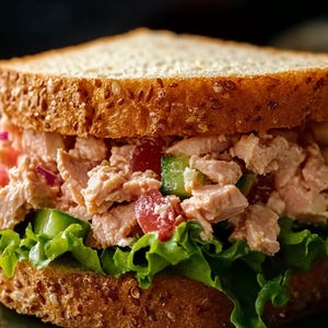 Puede incluir: Primer plano de un sándwich de ensalada de atún en un pan multigrano. El sándwich está relleno de ensalada de atún, lechuga, tomate, pepino y cebolla roja.