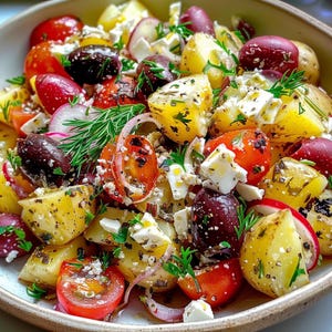 Puede incluir: Una colorida ensalada de patatas con tomates cherry cortados por la mitad, aceitunas negras, cebolla roja y queso feta, junto con patatas rojas y amarillas. Hierbas frescas adornan la ensalada, presentada en un cuenco blanco.
