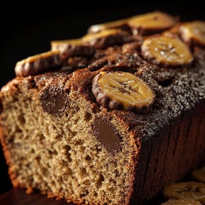 Può includere: Una pagnotta di banana bread con gocce di cioccolato e fette di banana. Il pane ha una crosta dorata e un interno morbido e umido. Le fette di banana caramellate aggiungono un tocco dolce a questo prodotto da forno.
