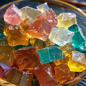 May include: A bowl filled with colorful, translucent, and opaque candy. The candy is shaped like cubes and has a variety of colors, including yellow, orange, green, blue, and pink.