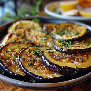 May include: A close-up shot of a plate of cooked eggplant slices. The eggplant is dark purple with a golden-brown topping and garnished with fresh green herbs. The dish is served on a gray plate, suggesting a culinary theme.