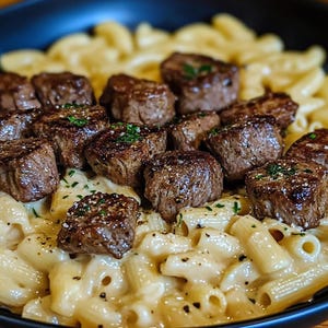 Puede incluir: Primer plano de un plato de macarrones con queso cremoso cubierto con pequeños cubos de carne a la parrilla. La pasta es de color amarillo claro y la carne es de color marrón oscuro.