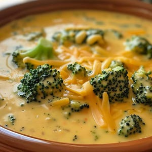 Puede incluir: Primer plano de un cuenco lleno de sopa cremosa de br&oacute;coli y queso cheddar. La sopa tiene un vibrante color amarillo-naranja, con trozos visibles de floretes de br&oacute;coli verde brillante y queso cheddar rallado. El cuenco es de color marr&oacute;n c&aacute;lido.