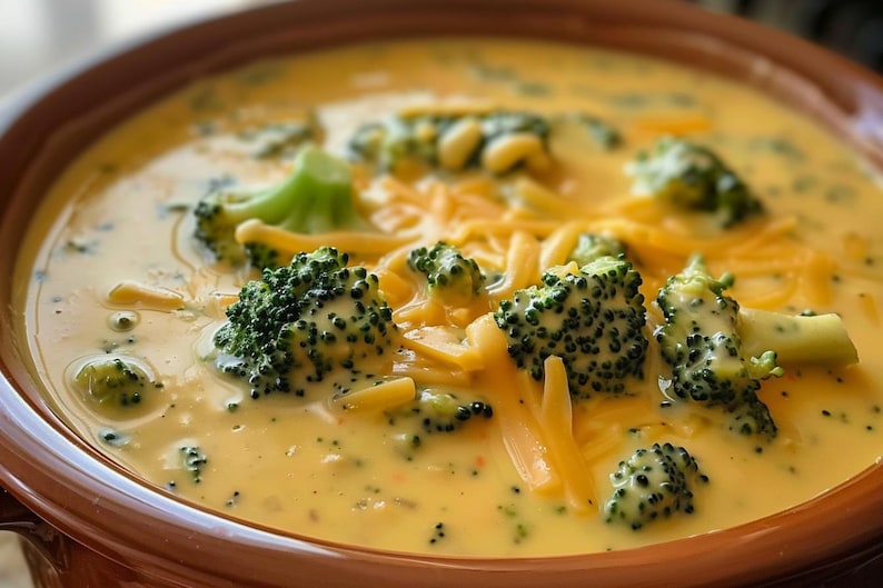 Puede incluir: Primer plano de un cuenco lleno de sopa cremosa de br&oacute;coli y queso cheddar. La sopa tiene un vibrante color amarillo-naranja, con trozos visibles de floretes de br&oacute;coli verde brillante y queso cheddar rallado. El cuenco es de color marr&oacute;n c&aacute;lido.
