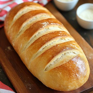Puede incluir: Una hogaza de pan blanco recién horneada con una corteza dorada. El pan está marcado con cinco cortes profundos y está sobre una tabla de cortar de madera.