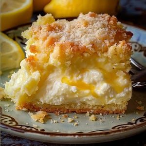 Può includere: Una fetta di cheesecake al limone e ricotta con una copertura di briciole. La cheesecake è tagliata a metà, rivelando un ripieno cremoso con un vortice di curd al limone.