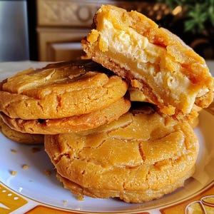 Può includere: Primo piano di biscotti dorati, uno tagliato a metà per rivelare una farcitura cremosa. I biscotti, con superficie strutturata, sono impilati su un piatto con bordo decorativo. L'immagine si concentra sul colore e sulla consistenza dei prodotti da forno.