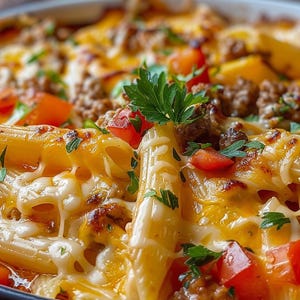 Può includere: Primo piano di un piatto di pasta al forno con penne, carne macinata, pomodori a cubetti e formaggio fuso. Guarnito con prezzemolo fresco, il piatto ha una copertura di formaggio dorata e bollente. Un pasto casalingo e sostanzioso.