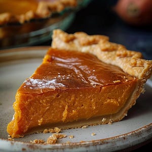 May include: A slice of pumpkin pie on a ceramic plate. The pie has a golden-brown crust and a rich, orange filling. A dusting of white powder is visible on the pie's surface. The pie is a dessert.