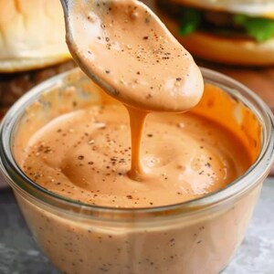 Pode incluir: Close-up de uma pequena tigela de vidro cheia de um molho cremoso de cor laranja, salpicado com pimenta preta. Uma colher segura uma porção do molho, com um fio pingando de volta para a tigela. Hamburgers visíveis no fundo.