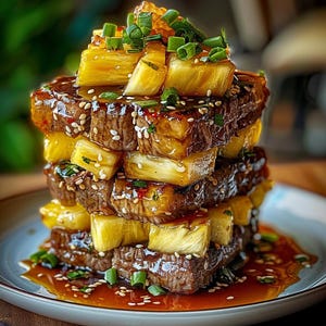 Può includere: Una pila di carne grigliata e cubetti di ananas, condita con una salsa lucida e cosparsa di semi di sesamo e cipollotti. Il piatto è servito su un piatto azzurro, che mostra una vivace presentazione culinaria.