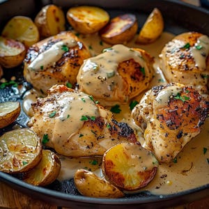 May include: A close-up shot of a skillet filled with cooked chicken and roasted potatoes. The chicken is golden brown and covered in a creamy sauce, garnished with fresh herbs. The potatoes are cut into wedges.