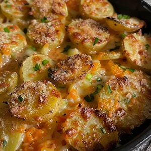 Può includere: Primo piano di una pirofila piena di gratin di patate al formaggio. Le patate sono dorate e ricoperte di formaggio fuso e un pizzico di erbe.