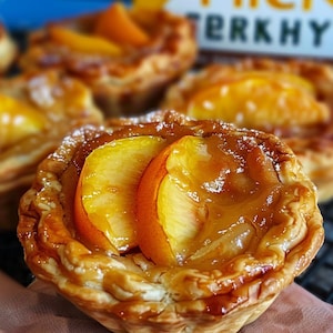 May include: Close-up of a peach tart with a flaky, golden-brown crust. The tart is topped with fresh peach slices and a glossy glaze, dusted with powdered sugar. Several other tarts are visible in the background, creating a warm and inviting image.