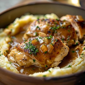 May include: A close-up shot of a hearty meal featuring chicken and mashed potatoes. The chicken is coated in a rich, brown gravy with visible herbs and diced vegetables. The mashed potatoes are creamy and fluffy, served in a brown bowl.
