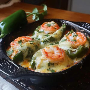 Peut inclure: Gros plan sur un plat en fonte rempli de poivrons verts farcis. Chaque poivron est garni d'une grosse crevette et de fromage fondu, parsemé de coriandre fraîche. Un poivron vert entier est en arrière-plan.