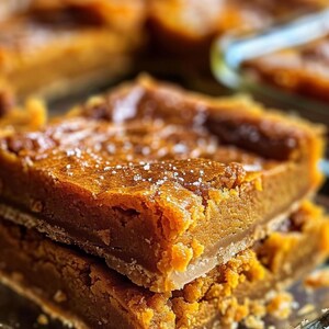May include: Two square slices of pumpkin pie, stacked, with a golden-brown crust and filling. The top is sprinkled with white crystals. The pie is in a clear glass dish, with more pie in the background.