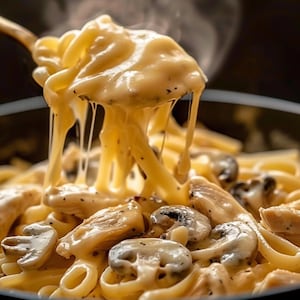 Puede incluir: Primer plano de un plato de pasta cremosa con champiñones y pollo. La pasta está cubierta con una salsa amarilla rica, con pimienta negra visible. El vapor se eleva del plato, lo que sugiere que está recién preparado y caliente.