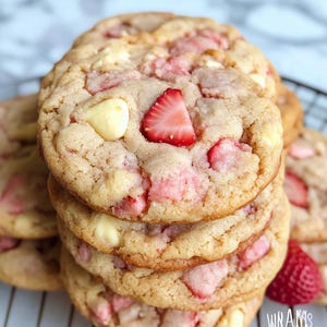 Può includere: Un mucchio di biscotti appena sfornati alla fragola e gocce di cioccolato bianco. I biscotti sono morbidi e gommosi, di colore marrone chiaro. Le fragole sono rosa acceso e le gocce di cioccolato sono bianche.