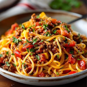 May include: A close-up shot of a bowl filled with spaghetti and meat sauce. The pasta is coated in a rich, red sauce with visible chunks of meat, diced tomatoes, and yellow bell peppers. Fresh parsley is sprinkled on top.