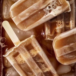Peut inclure: Gros plan sur des sucettes glacées au café dans un récipient de café glacé. Les sucettes glacées sont de couleur marron clair avec une texture crémeuse, certaines avec des bâtonnets en bois. Le café glacé est brun foncé.