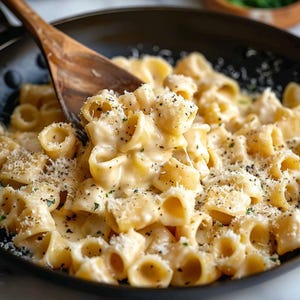 Könnte beinhalten: Nahaufnahme einer Pfanne mit cremiger Käsepasta. Die Pasta hat eine hellgelbe Farbe und ist mit einer dicken, weißen Sauce bedeckt. Das Gericht ist mit schwarzem Pfeffer und geriebenem Käse bestreut, und ein Holzlöffel befindet sich in der Pfanne.