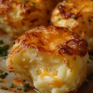 May include: Close-up of a cheesy potato casserole with a golden brown crust. The casserole is made with mashed potatoes, cheese, and butter, and is baked until bubbly and golden brown.