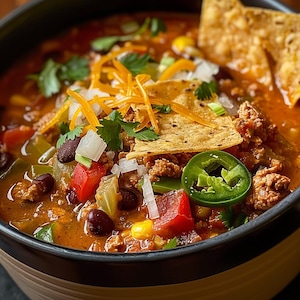 May include: A bowl of chili topped with shredded cheese, tortilla chips, chopped cilantro, diced onions, and jalapenos.