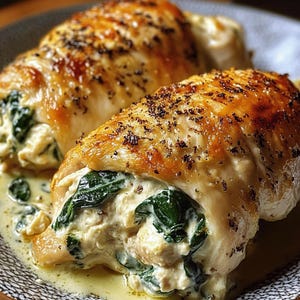 May include: Two golden brown chicken breasts stuffed with spinach and a creamy white filling. The chicken breasts are arranged on a plate with a white sauce.