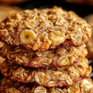 Puede incluir: Una pila de cuatro galletas de avena con rodajas de plátano horneadas en las galletas. Las galletas son de color marrón dorado y tienen una textura crujiente.