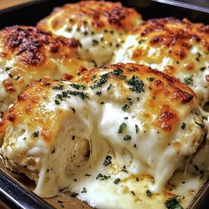 May include: Close-up of a dish of baked chicken breasts topped with melted cheese and herbs. The chicken is golden brown and the cheese is bubbly and gooey.