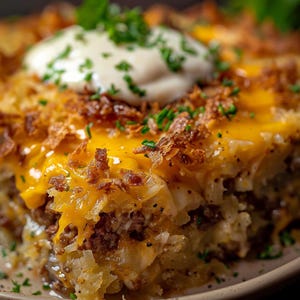 May include: A close-up of a casserole. The dish is made with shredded potatoes, topped with melted cheddar cheese, ground meat, and crispy fried onions. It is garnished with a dollop of sour cream and fresh chives, creating a visually appealing and delicious meal.