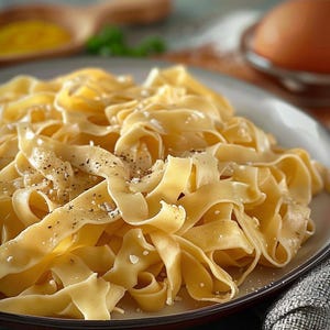 Può includere: Un primo piano di un piatto di pasta di colore marrone chiaro. La pasta è condita con sale e pepe.
